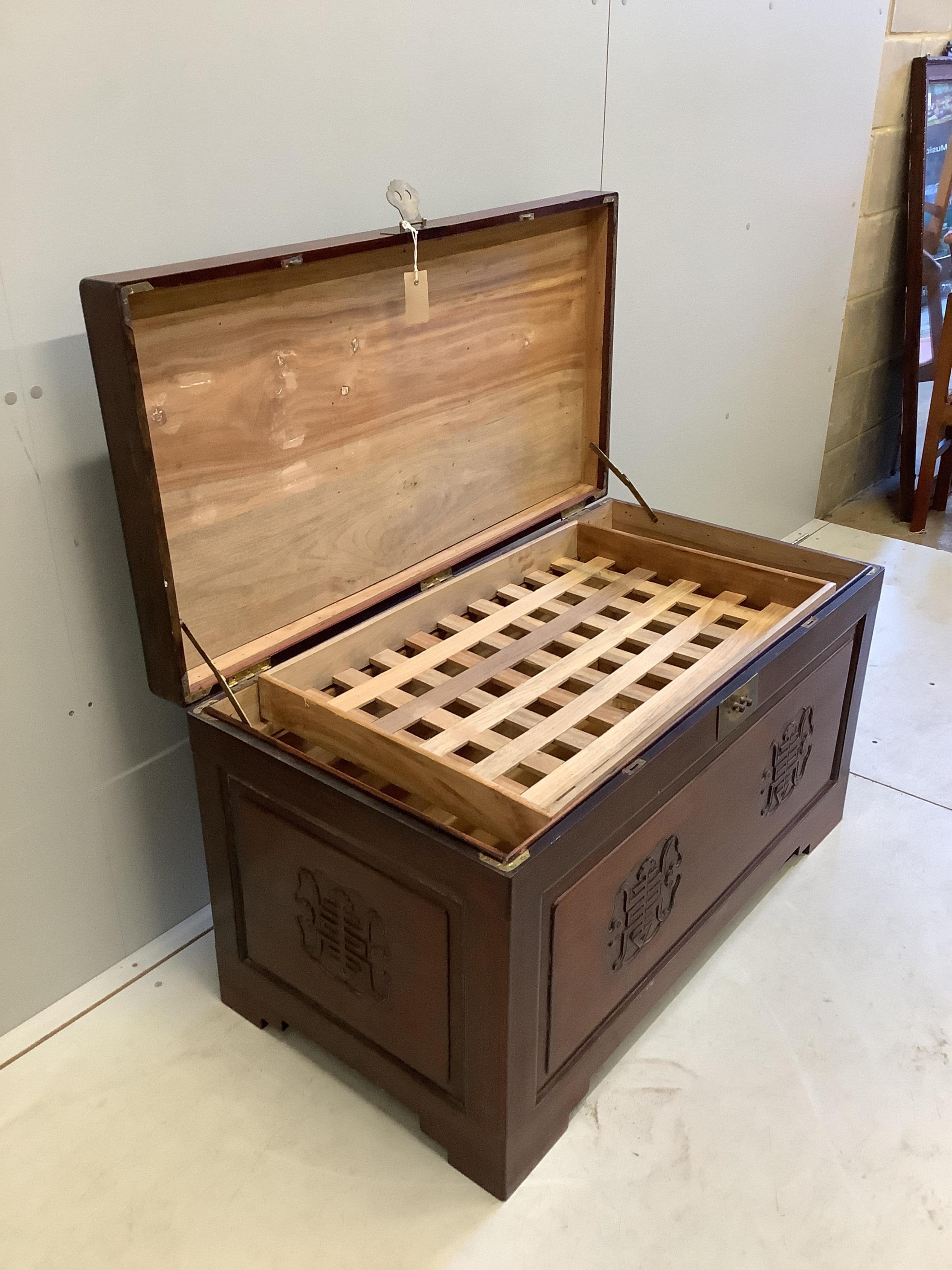 A Chinese hongmu and camphor lined chest, width 102cm, depth 53cm, height 58cm